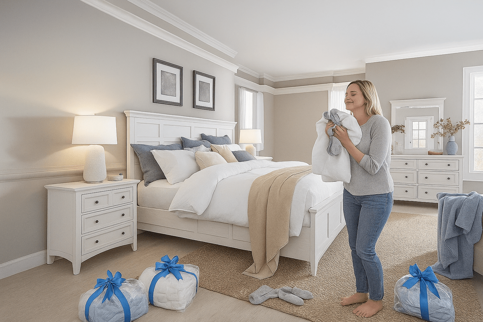 Fresh, neatly made bed and folded linens — the feeling after 123 Eazy handles your laundry